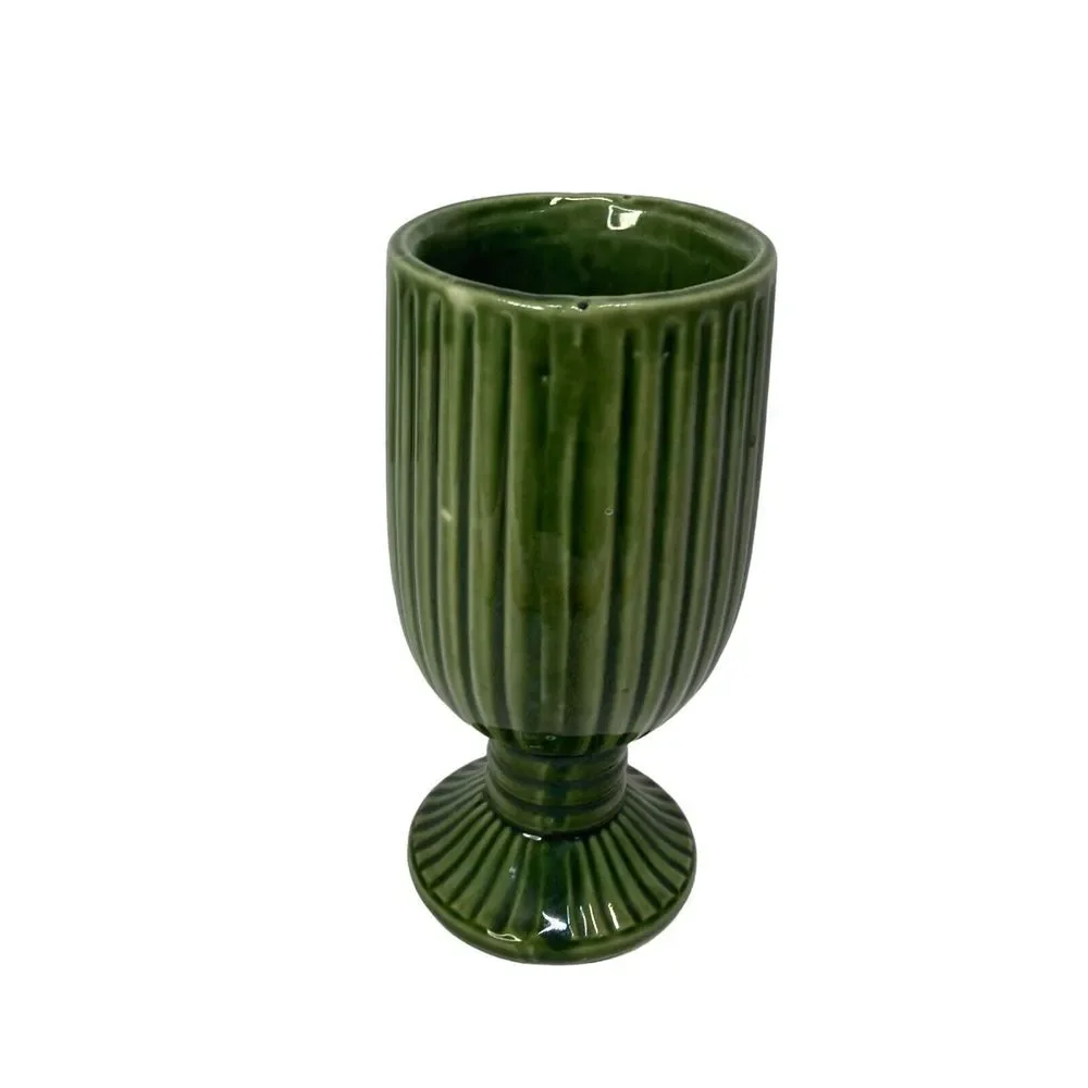 Pottery  Footed Vase‎ Goblet MCM Green Farm Cottage Pedestal  7.5
